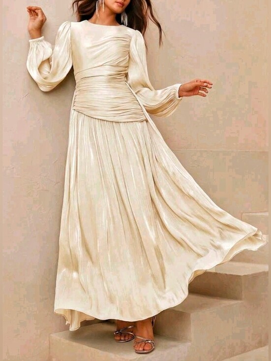 Boutique Dresses & Skirts - New Luxe Metallic Crinkle Ruched Waist Flared Maxi Dress Ivory Cream